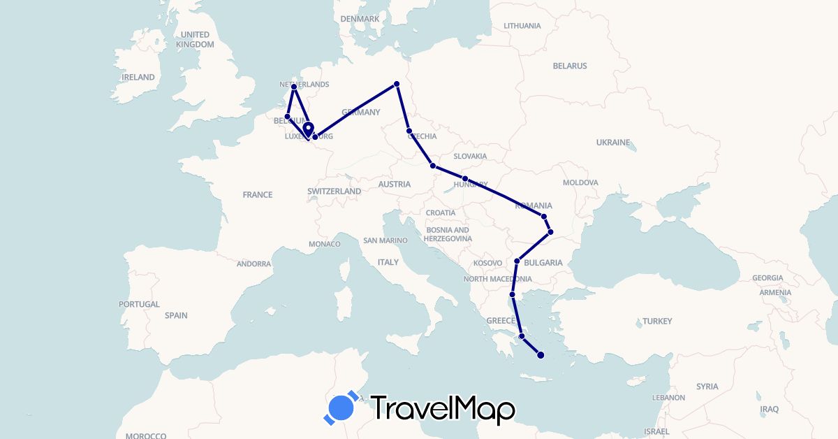 TravelMap itinerary: driving in Austria, Belgium, Bulgaria, Czech Republic, Germany, Greece, Hungary, Luxembourg, Netherlands, Romania (Europe)