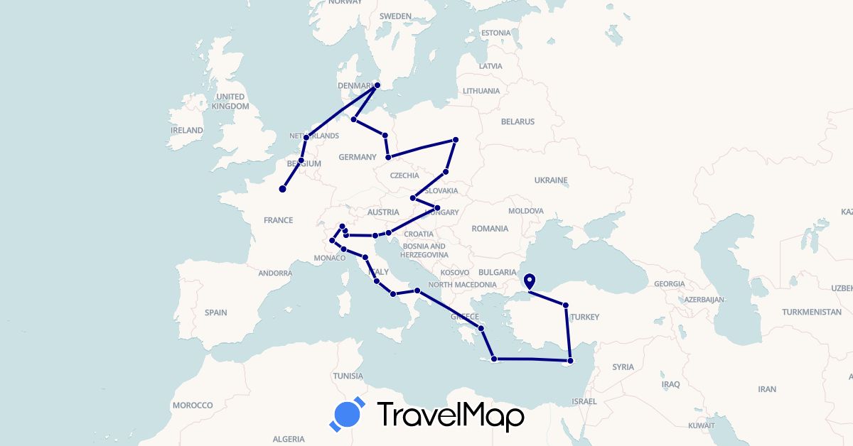 TravelMap itinerary: driving in Austria, Belgium, Switzerland, Cyprus, Germany, Denmark, France, Greece, Hungary, Italy, Netherlands, Poland, Turkey (Asia, Europe)